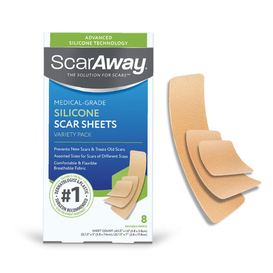 ScarAway vista frontal del empaque mostrando 8 hojas surtidas y beneficios