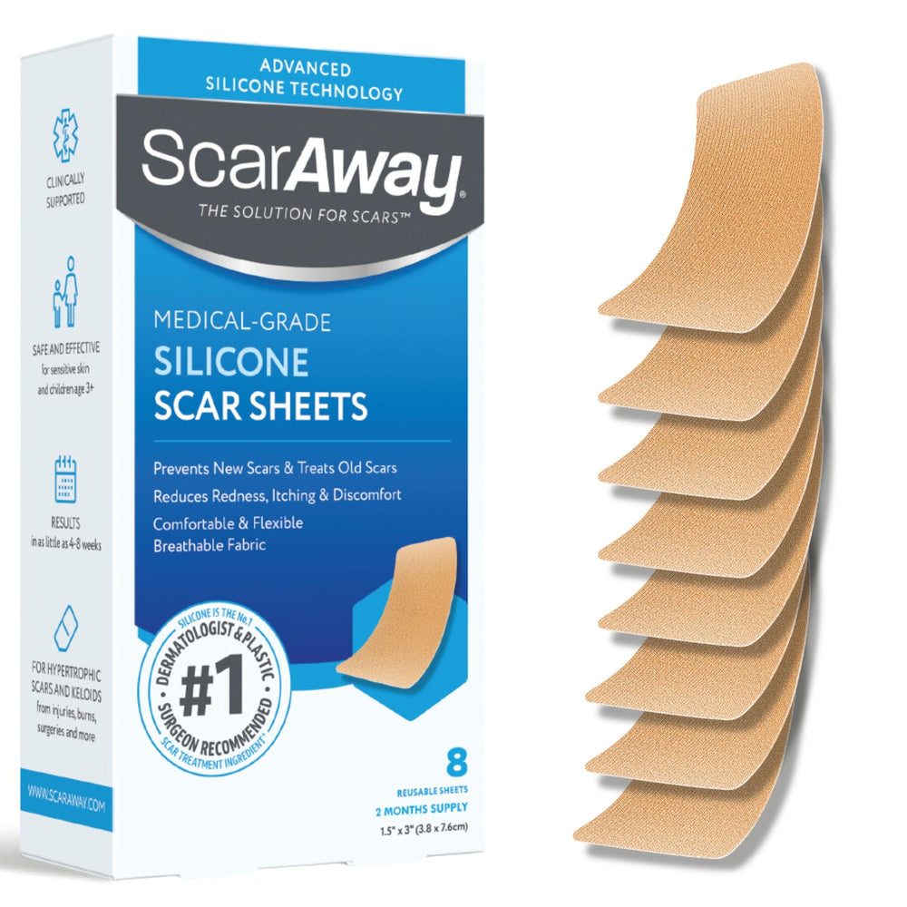 ScarAway paquete frontal mostrando 8 tiras para tratamiento de cicatrices, comodidad y discreción