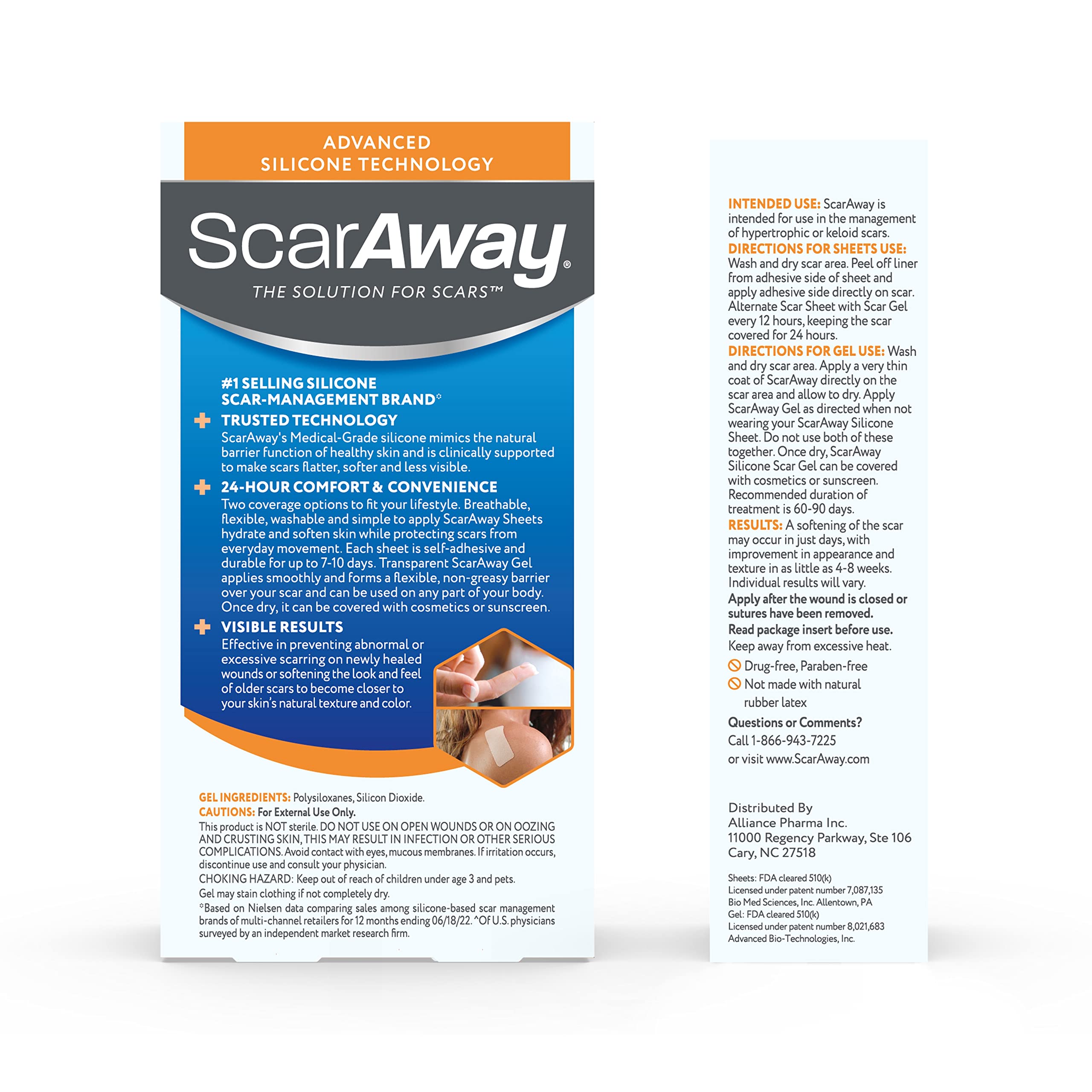 ScarAway etiqueta mostrando silicona médica como ingrediente principal, apoyo de confianza