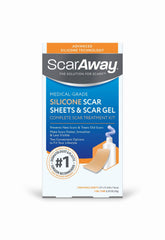 ScarAway kit completo vista frontal mostrando láminas y gel para tratamiento de cicatrices, beneficios discretos