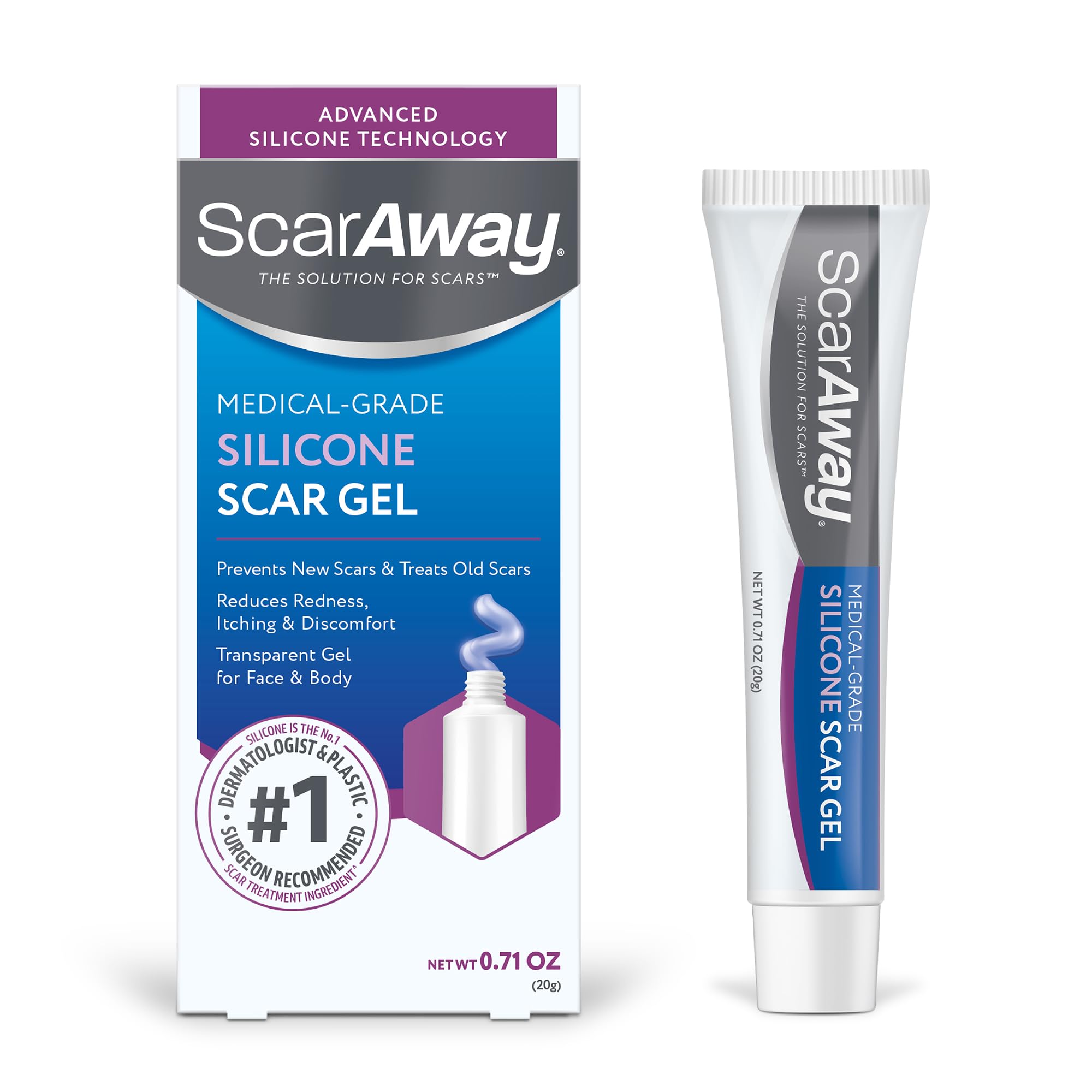 ScarAway tubo frontal mostrando diseño y tamaño, calmando cicatrices