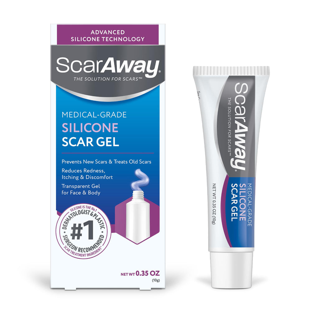 ScarAway tubo frontal mostrando presentación compacta y beneficio portátil