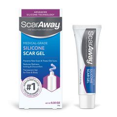 ScarAway tubo frontal mostrando presentación compacta y beneficio portátil