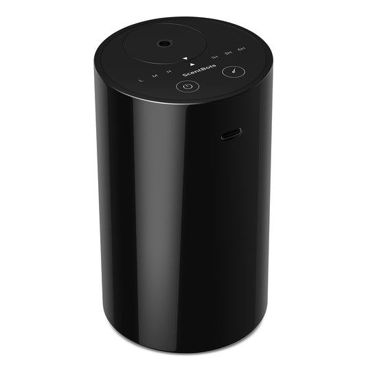 ScentBots vista frontal del difusor negro mostrando diseño compacto y elegante