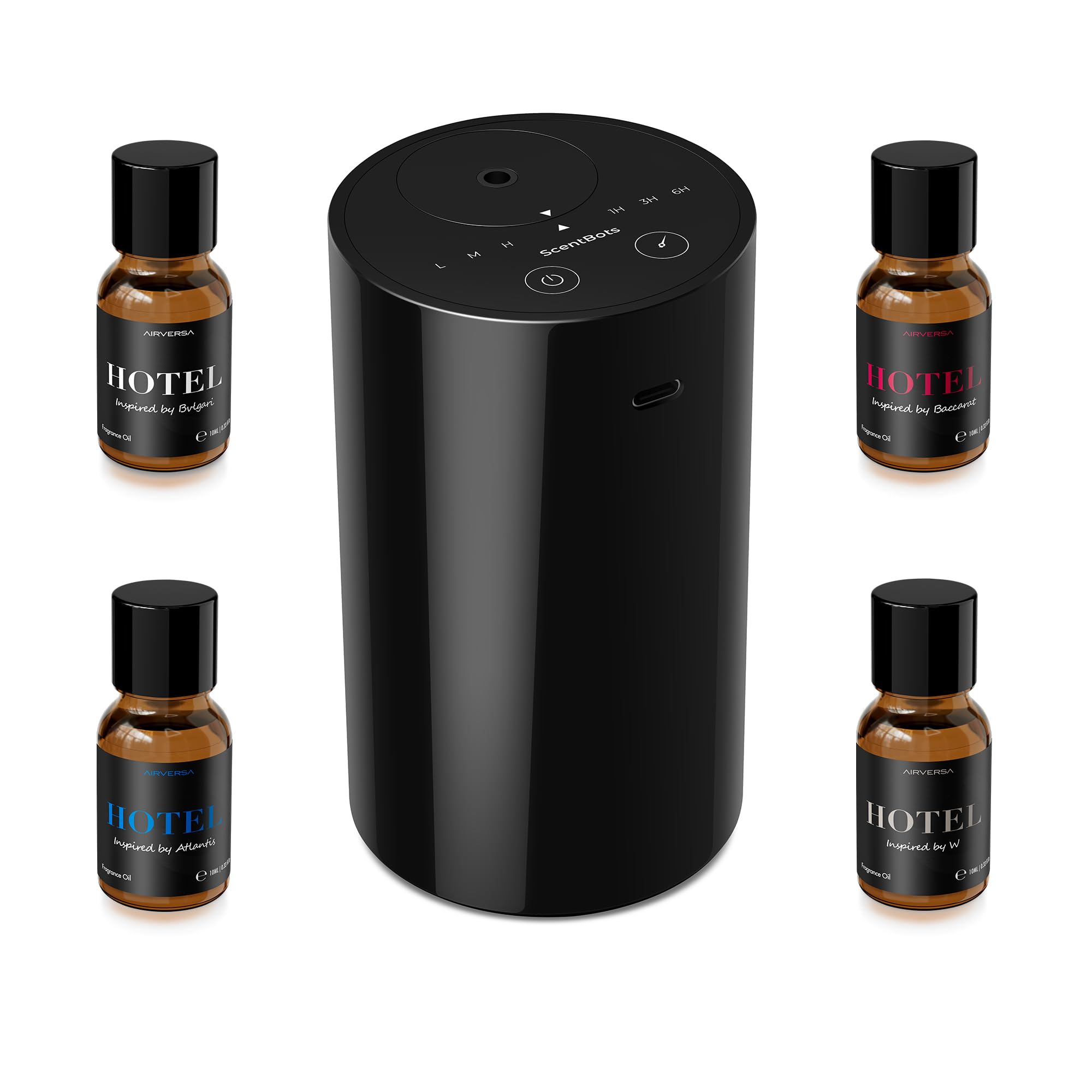 ScentBots difusor frontal negro mostrando diseño elegante y compacto