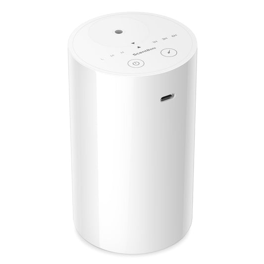 ScentBots difusor frontal blanco mostrando diseño portátil y elegante