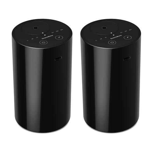 ScentBots difusor pack frontal mostrando diseño negro y beneficio de elegancia portátil