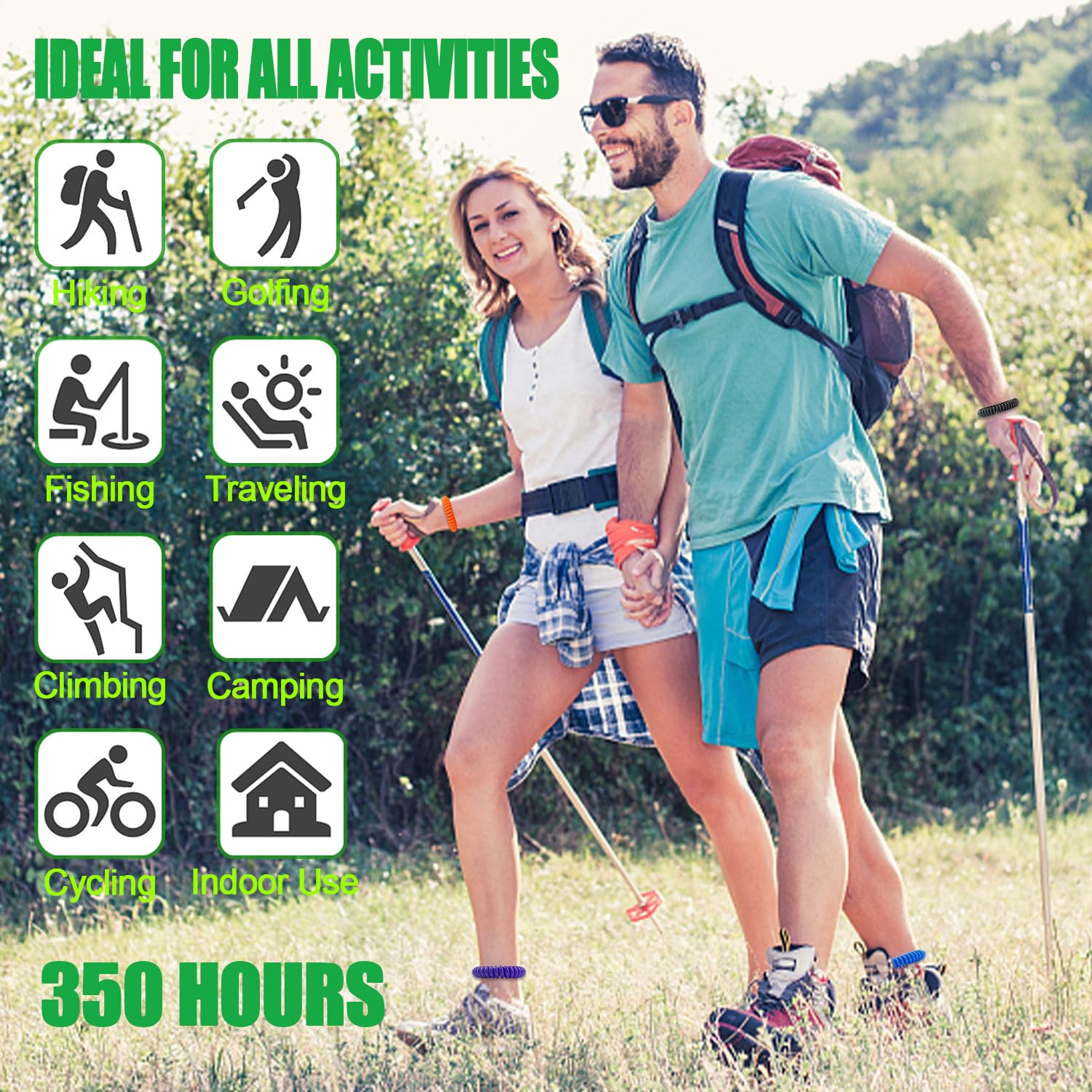 Escena de camping con personas usando pulseras Scentpellent, útil para actividades al aire libre