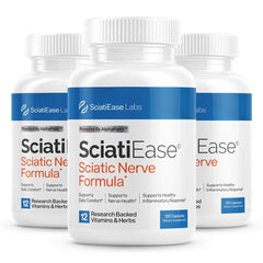 SciatiEase frasco frontal mostrando etiqueta y beneficio de soporte nervioso