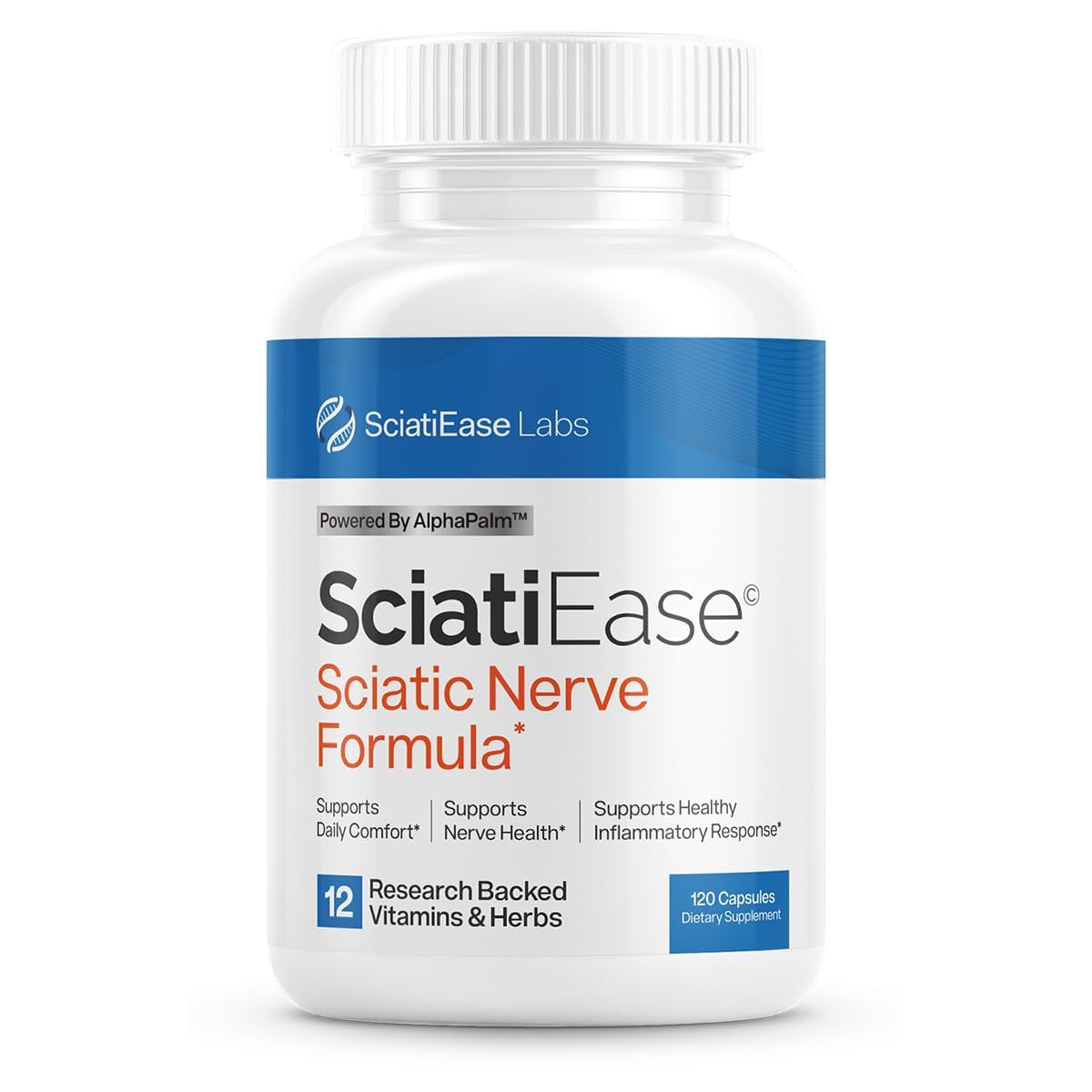 SciatiEase frontal del envase mostrando la marca y diseño profesional