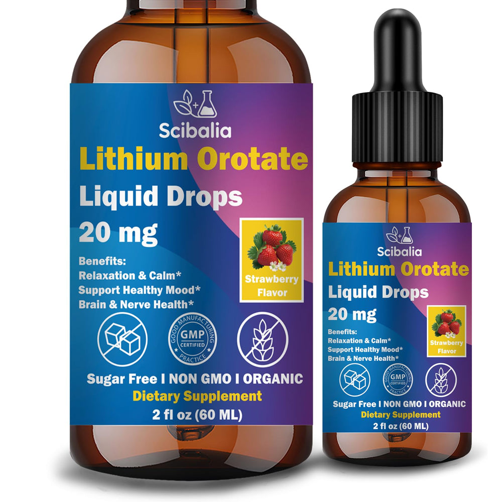 Scibalia envase frontal de Lithium Orotate mostrando dosis precisa