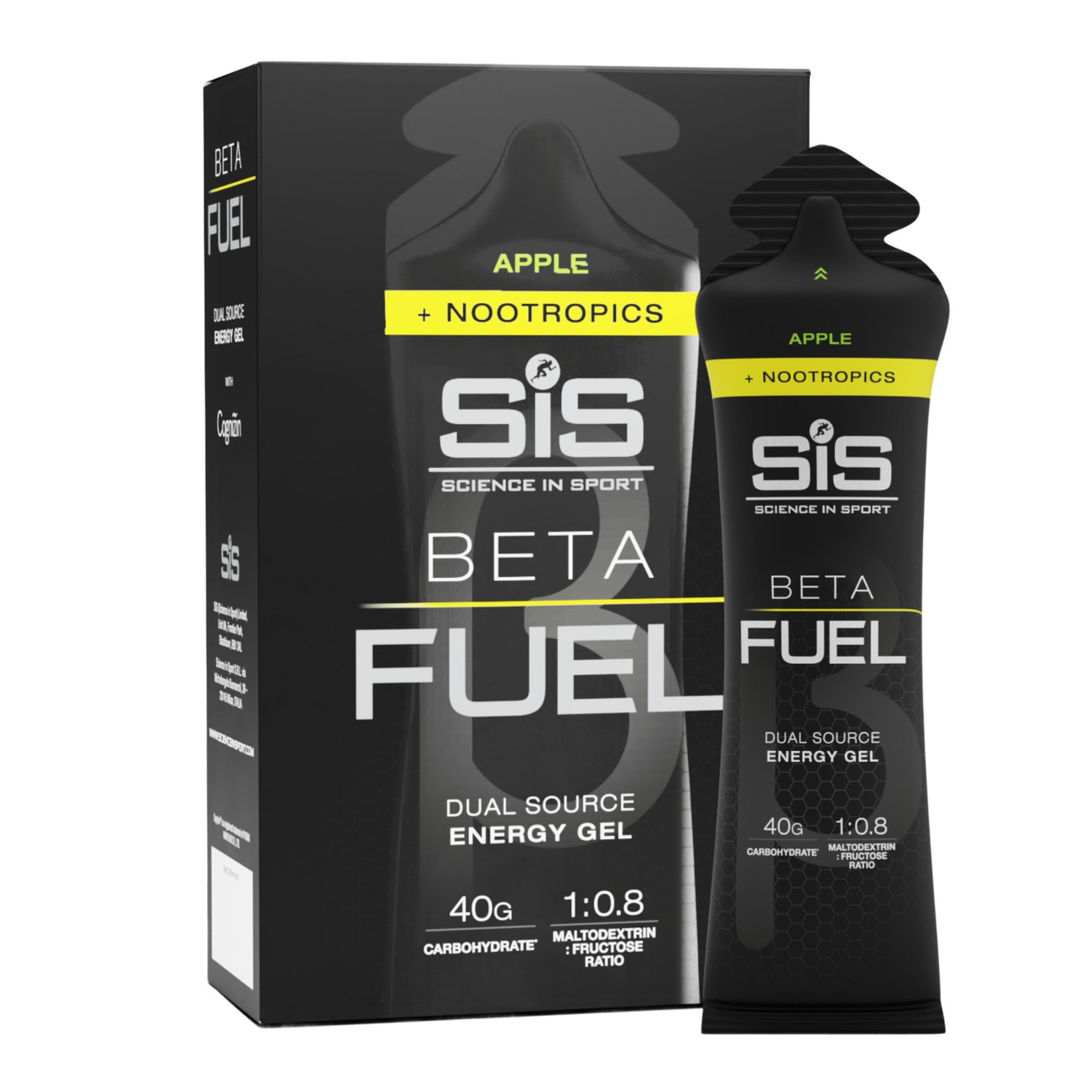 Science in Sport gel manzana frente del envase mostrando formato portable y claridad