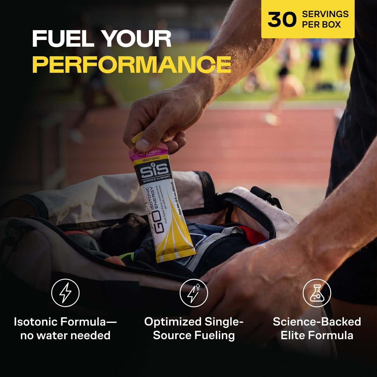 Science in Sport sobre individual 60 ml destacando 22 g carbohidratos por porción