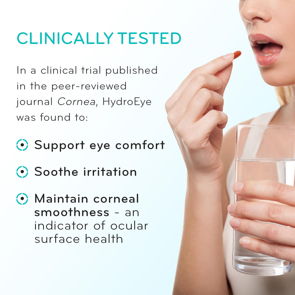 ScienceBased Health HydroEye envase en mano para comparar tamaño y cantidad de cápsulas