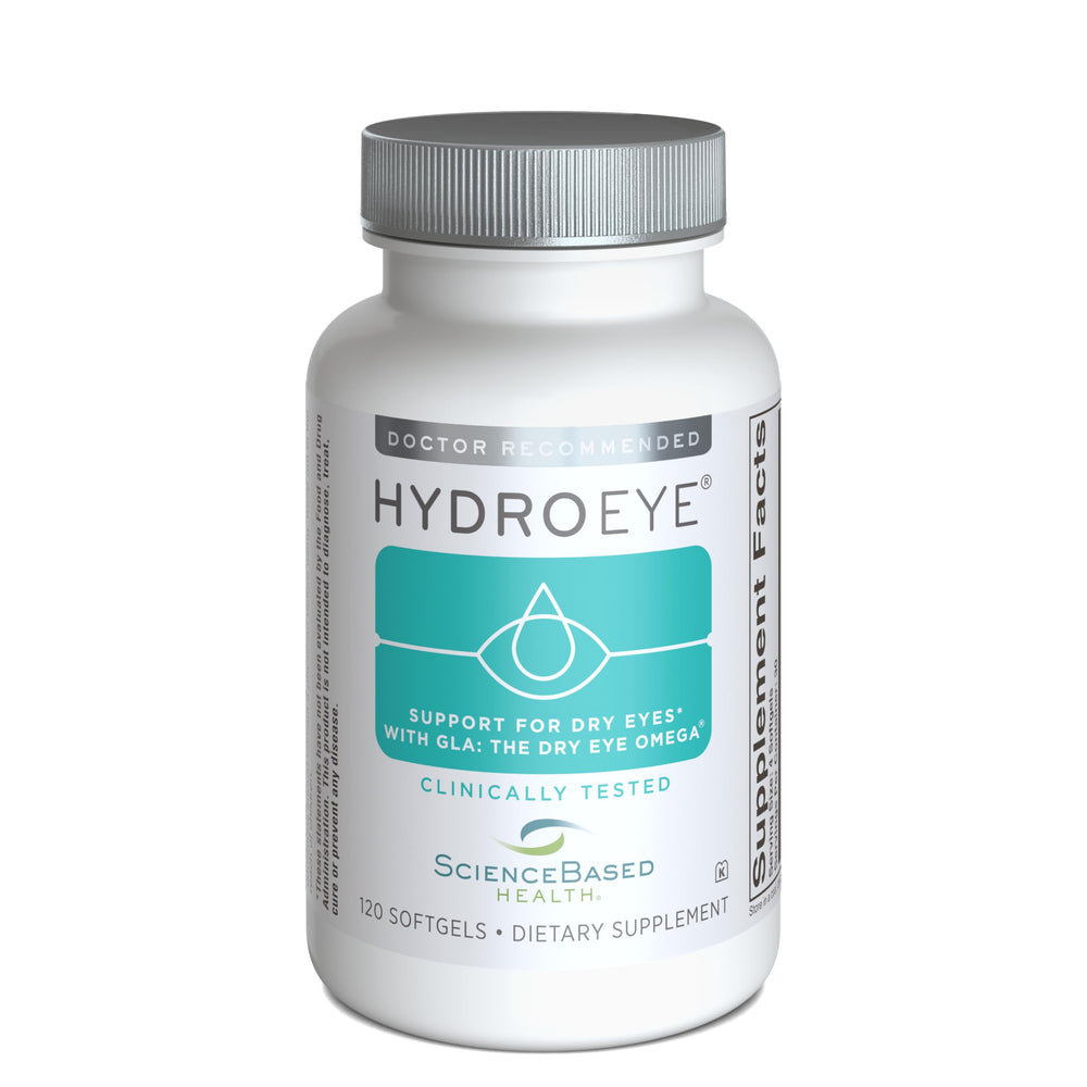 ScienceBased Health HydroEye envase frontal mostrando la marca y beneficio de confort ocular