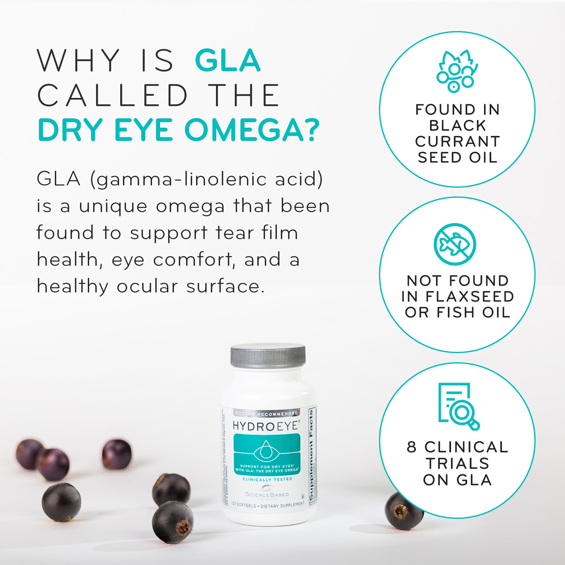 ScienceBased Health HydroEye ingredientes: aceite de semilla de grosellero negro y omega-3 para soporte ocular