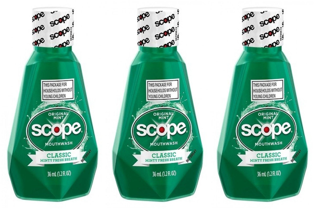 Scope botella frontal tamaño viaje mostrando frescor mentolado inmediato