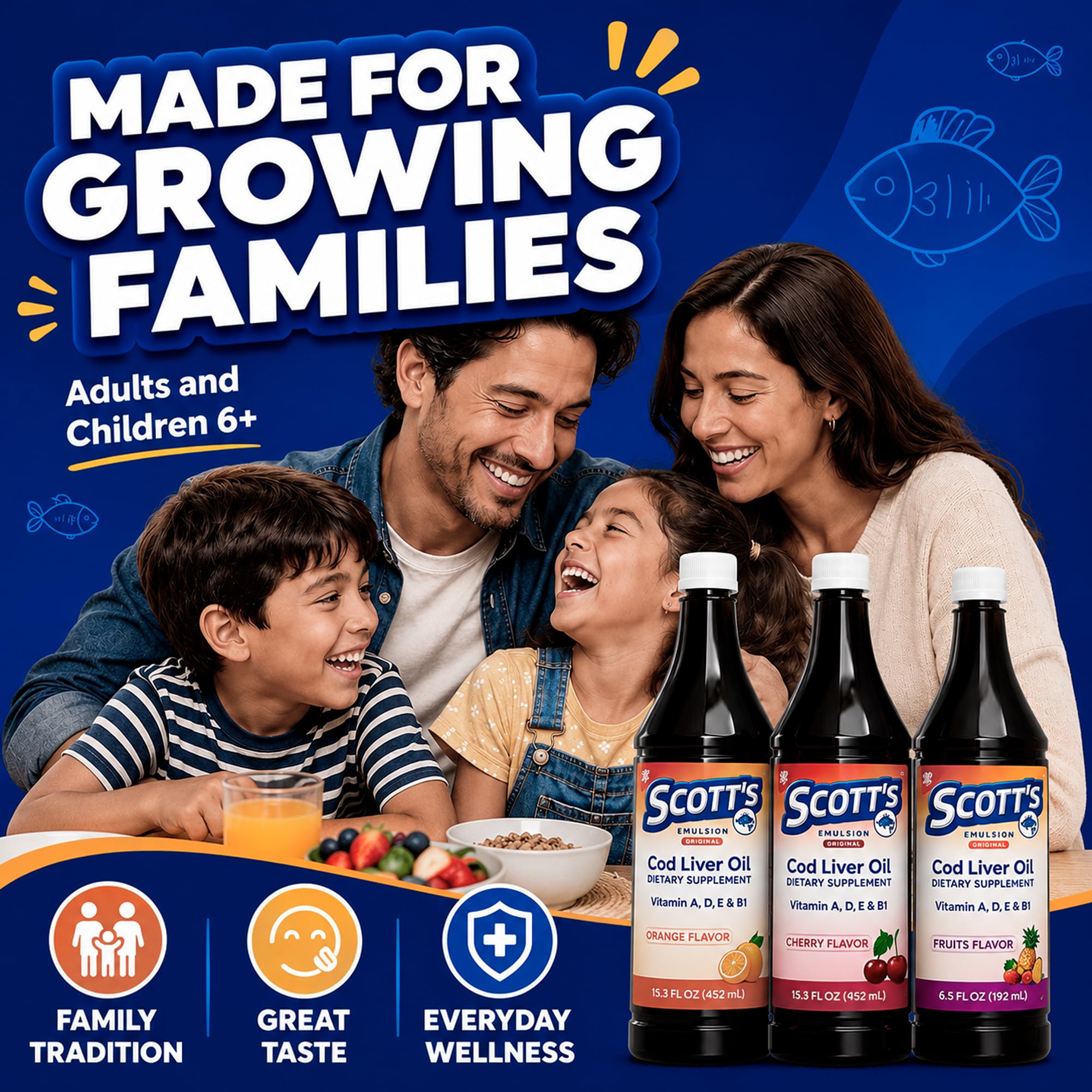 SCOTT'S EMULSION etiqueta legible con beneficios y nutrientes
