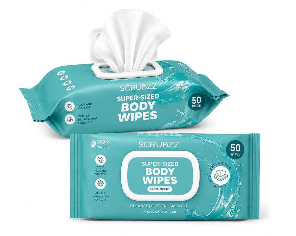Scrubzz empaque frontal muestra 50 toallitas y fácil acceso