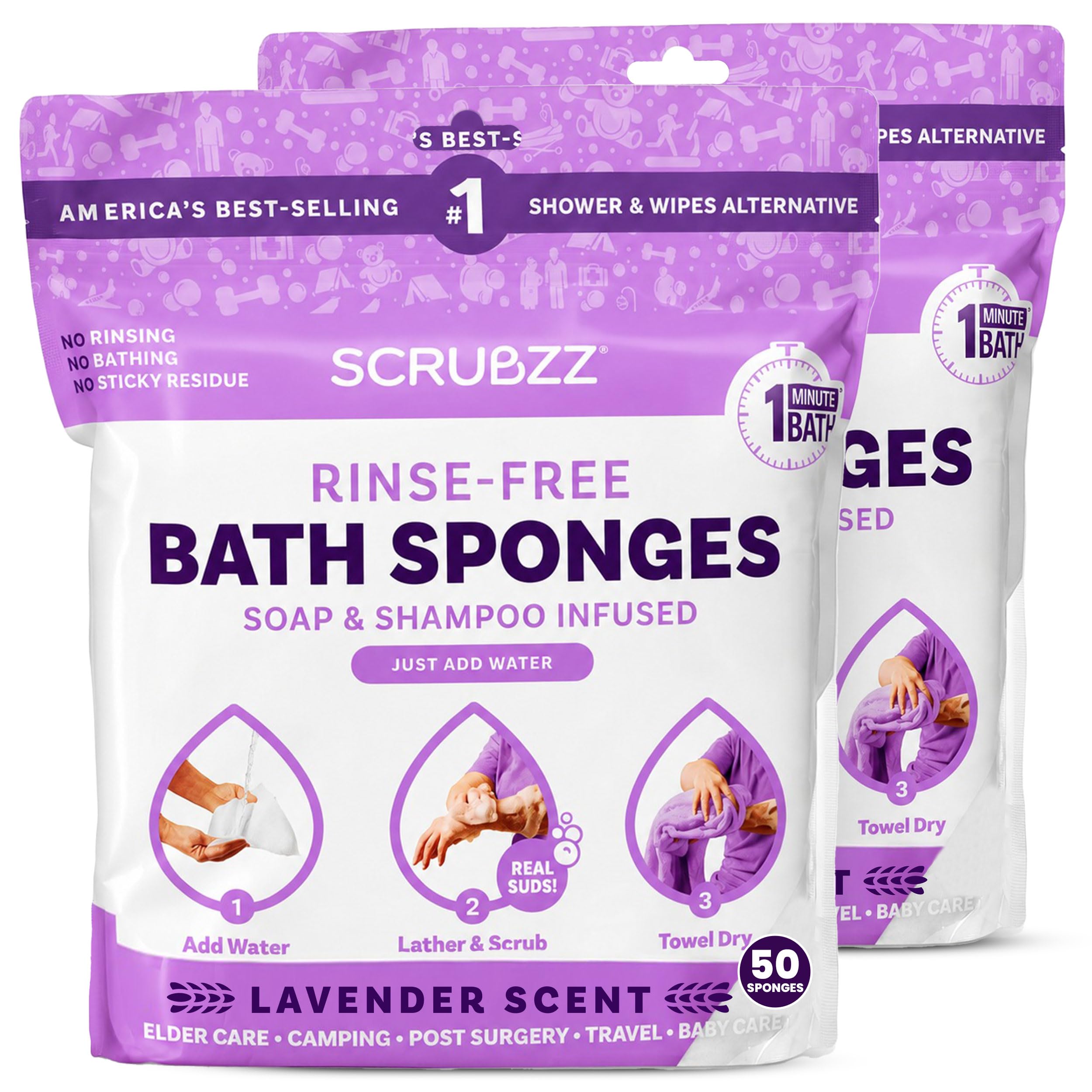 Scrubzz frente del paquete mostrando las 2 unidades y aroma lavanda para higiene práctica