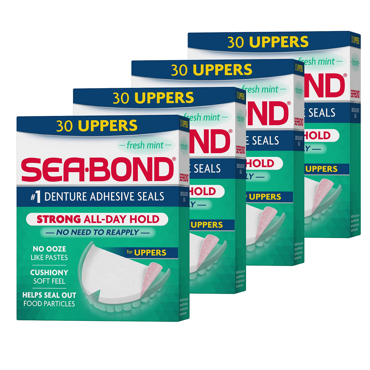 Sea-Bond frente del empaque mostrando packs y beneficio de sujeción segura