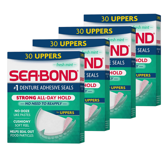 Sea-Bond frente del empaque mostrando packs y beneficio de sujeción segura