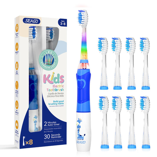 SEAGO frente del cepillo infantil mostrando el tamaño y color azul, ideal para niños