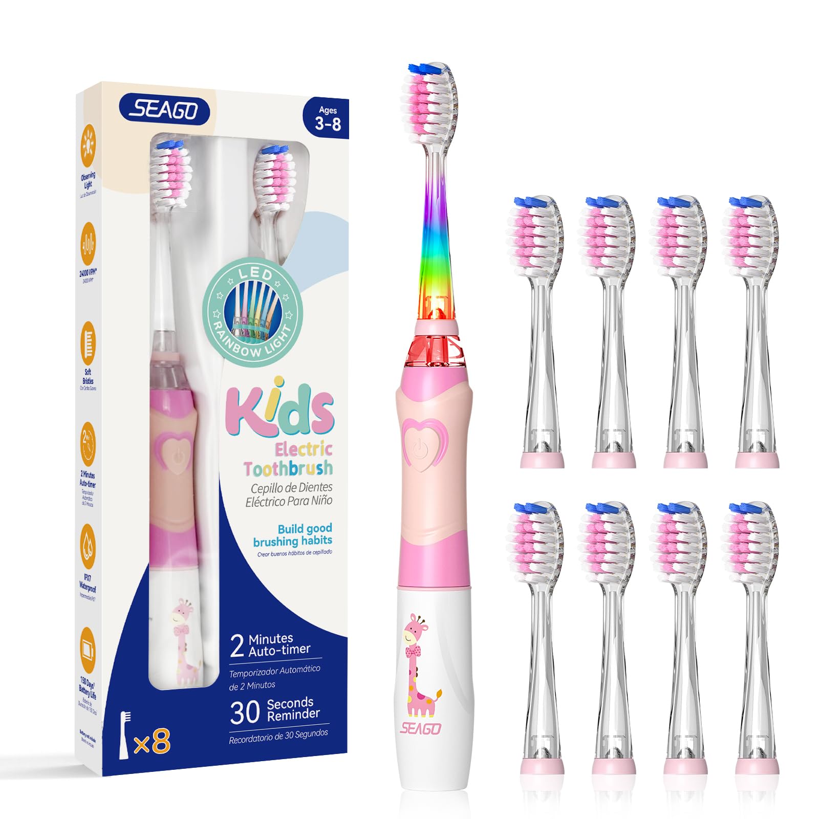 SEAGO cepillo infantil rosa vista frontal, diseño atractivo para motivar cepillado