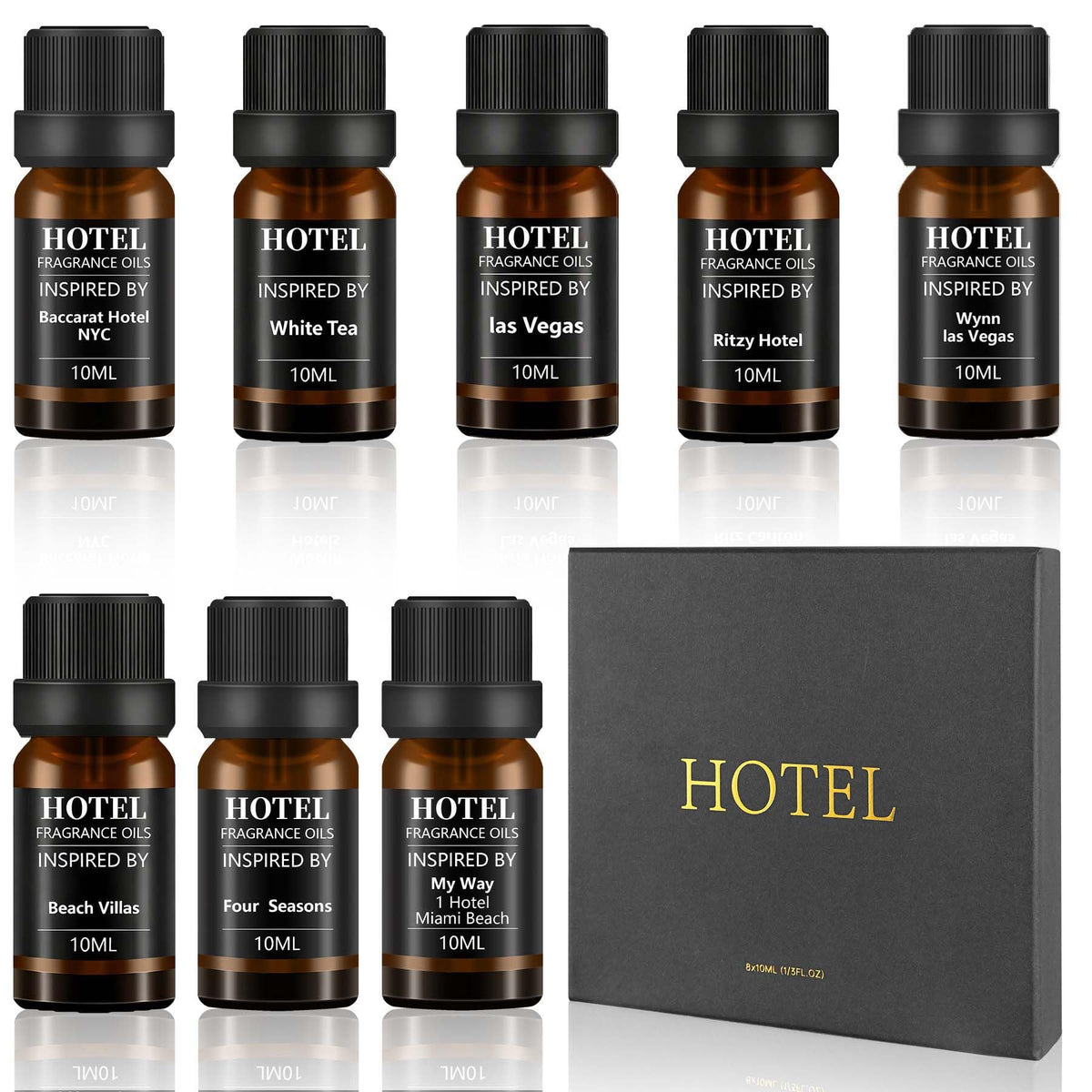 SEAMOSH vista frontal del set de aceites esenciales, calidad hotelera