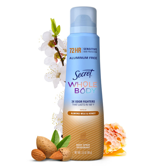 Secret spray frontal Almendra y Miel mostrando envase y fragancia ligera