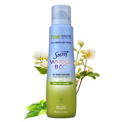 Secret spray frente del envase que muestra tamaño portátil y aroma Té Blanco y Jazmín
