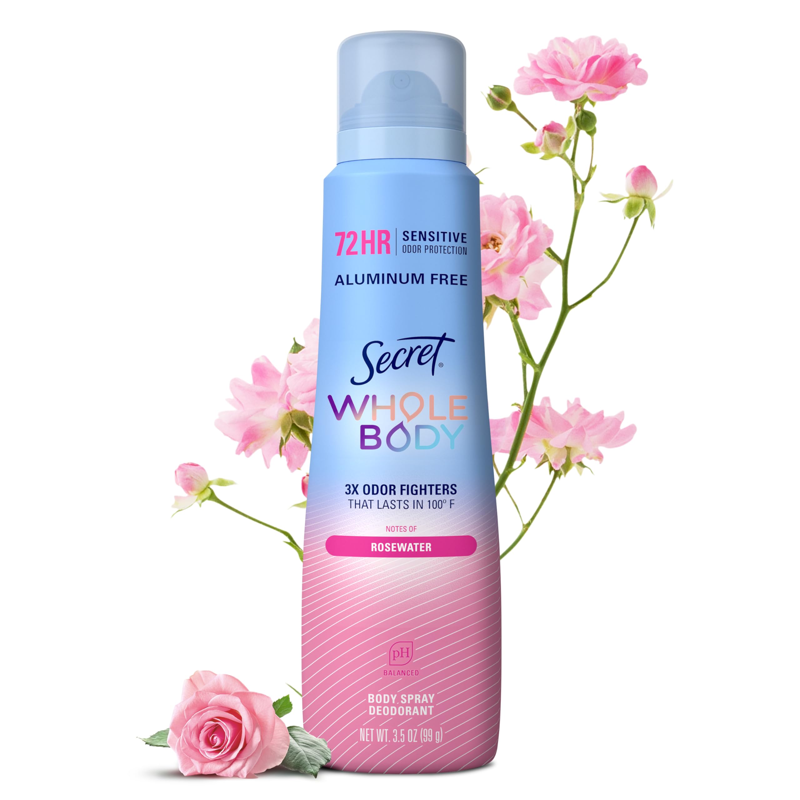 Secret spray frontal del envase con aroma a agua de rosas para frescura corporal