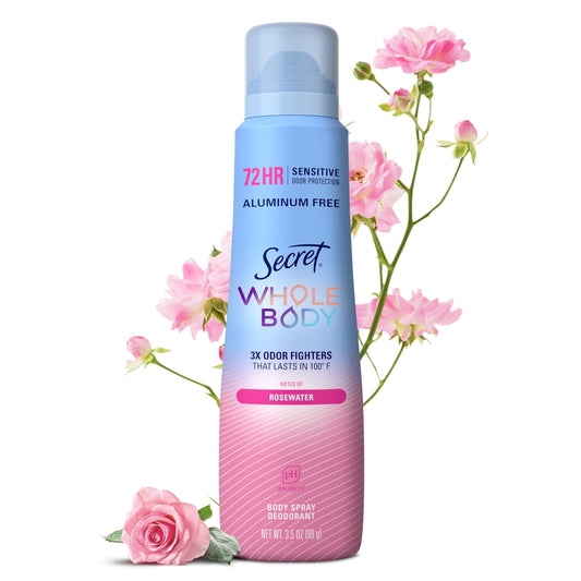 Secret spray frontal del envase con aroma a agua de rosas para frescura corporal