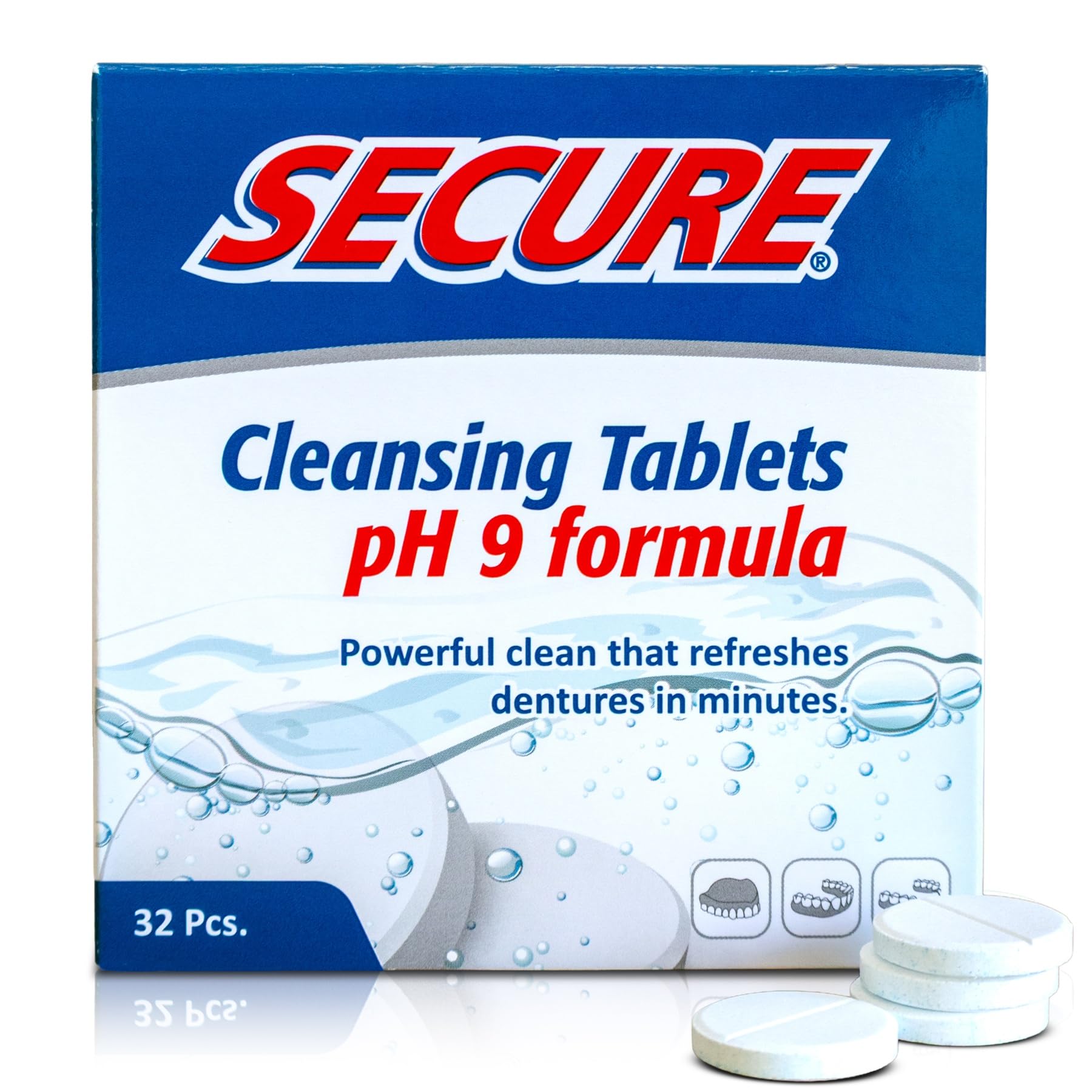 Secure empaque frontal mostrando 32 pastillas y claridad del producto
