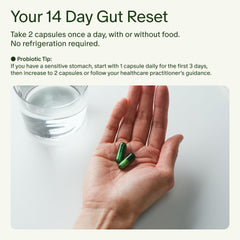 Seed caja abierta del 14 Day Gut Reset con blíster y manual visibles