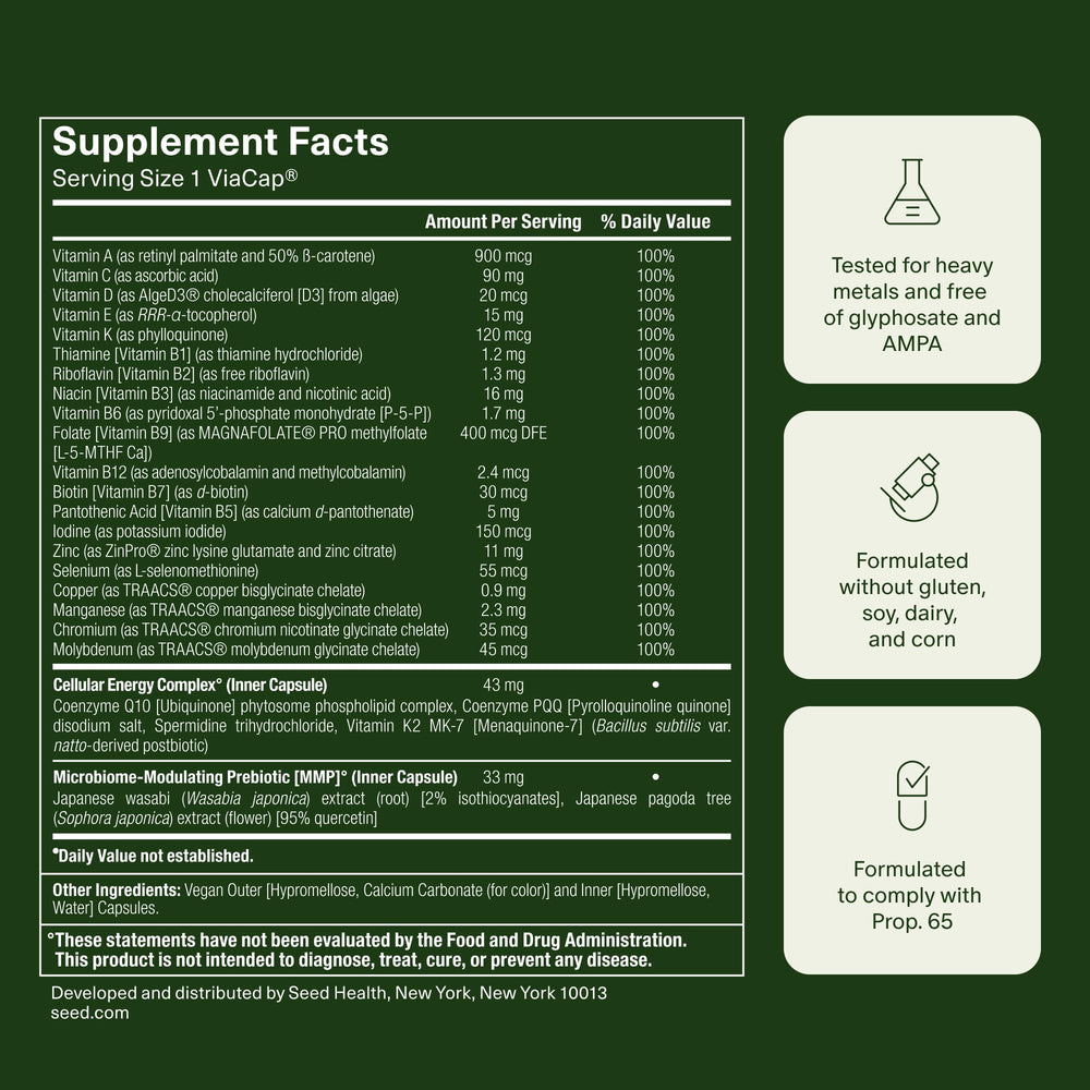 Seed DM-02 frasco en cocina junto a alimentos para indicar complemento dietario