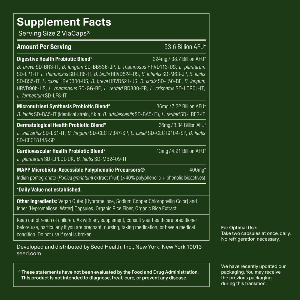 Seed DS-01 etiqueta con lista de cepas e ingredientes clave visible