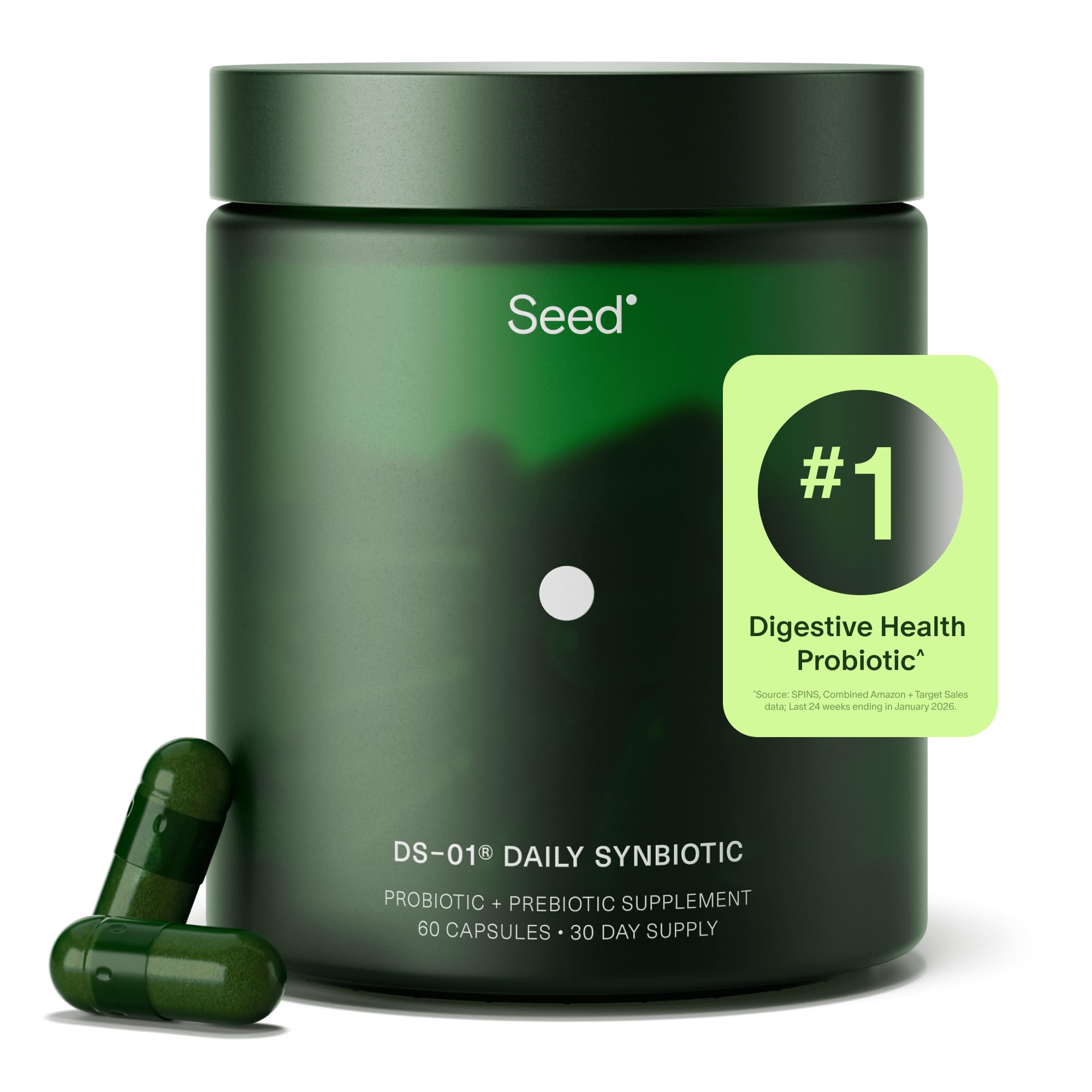 Seed frasco frontal mostrando etiqueta clara y beneficio digestivo