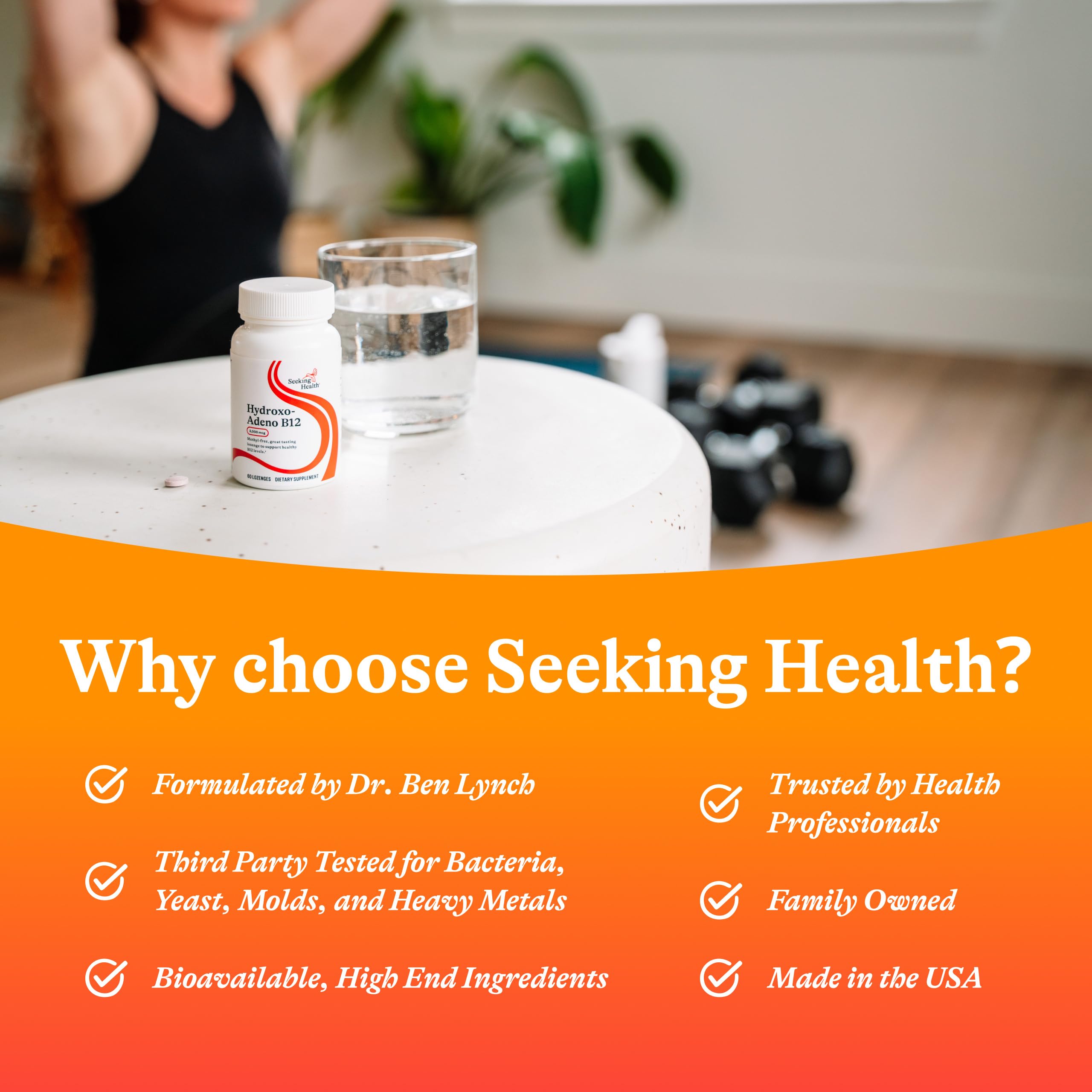 Seeking Health pastilla junto a moneda para comparar tamaño y dosificación