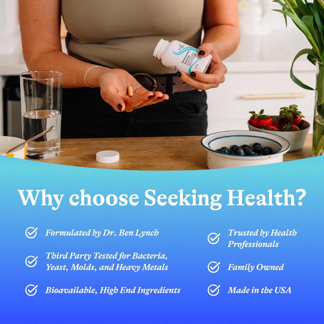 Seeking Health ilustración de betaína y L‑metilfolato como activos clave