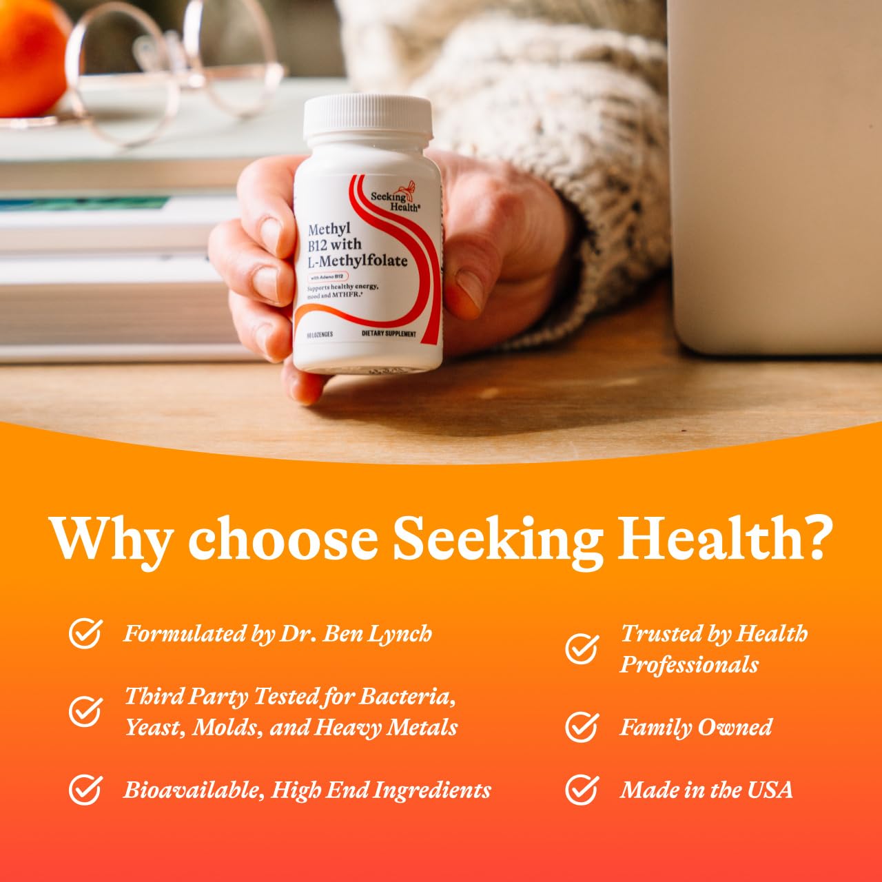 Seeking Health persona tomando pastilla, conveniencia y estilo de vida