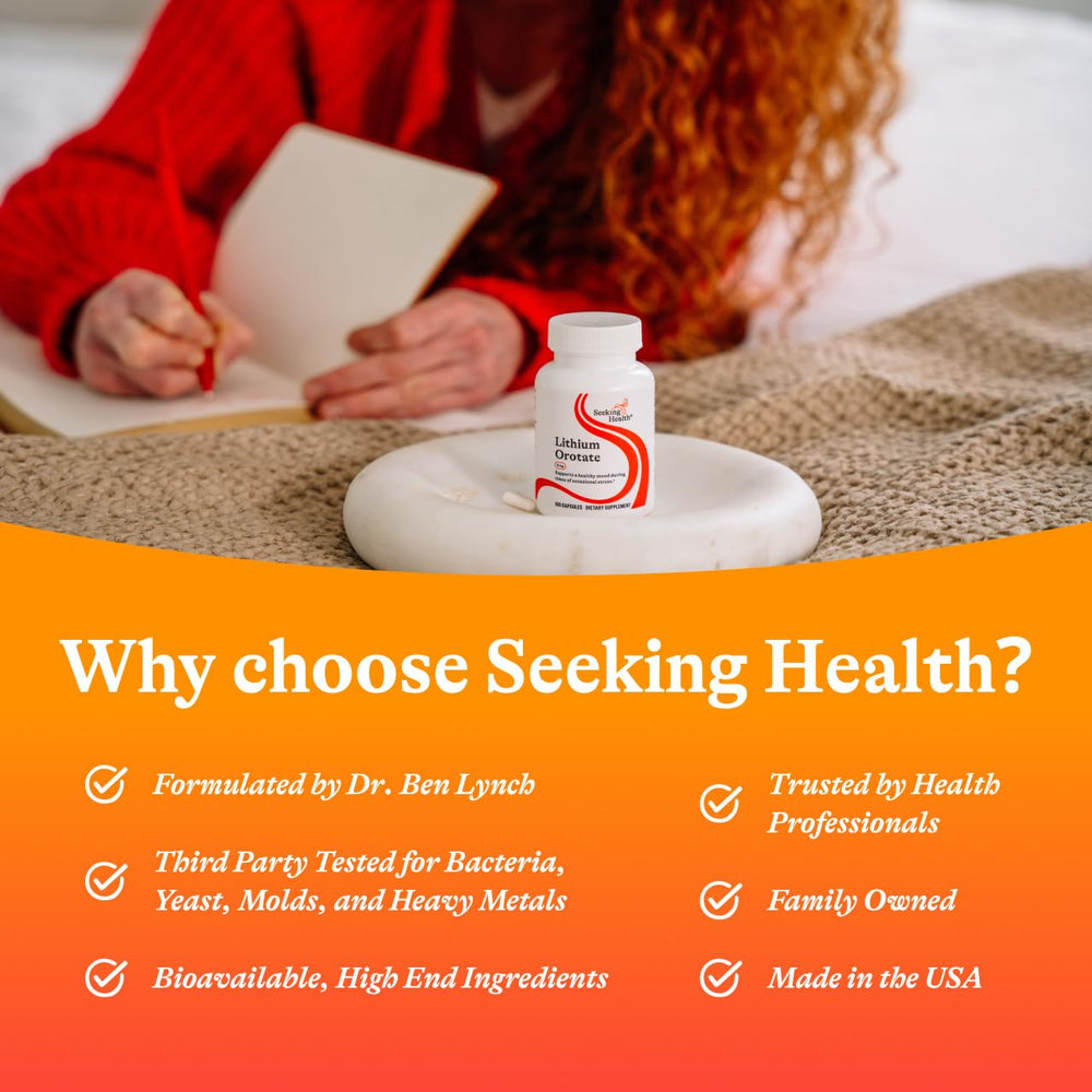 Seeking Health frasco en mesa de desayuno promoviendo uso diario
