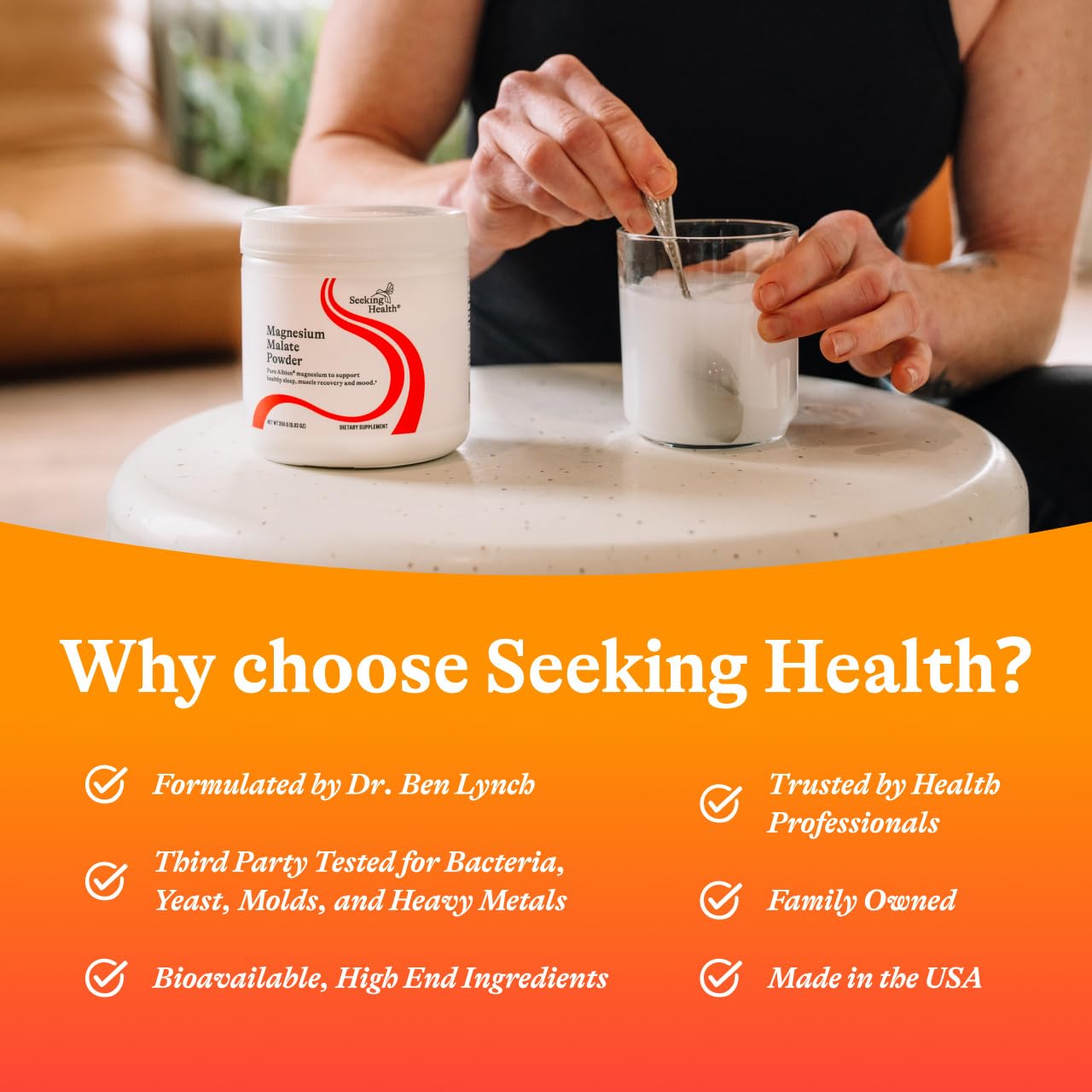 Seeking Health envase abierto con polvo visible, práctico para uso diario