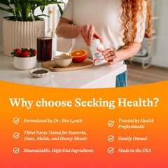 Seeking Health envase ángulo lateral que muestra diseño y sello