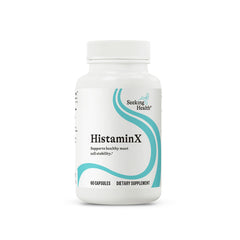 Seeking Health frasco HistaminX frontal mostrando etiqueta y cápsulas beneficios