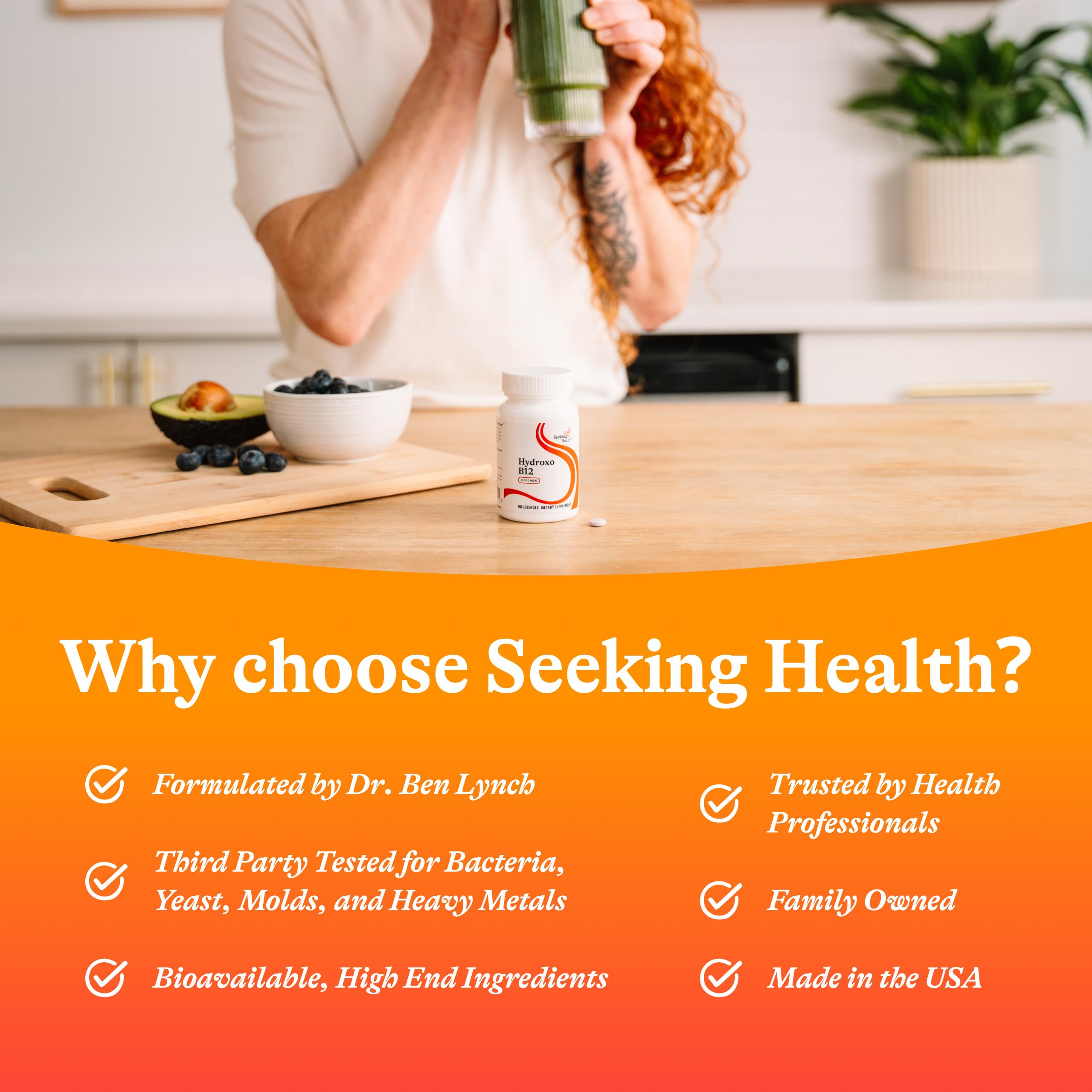 Seeking Health etiqueta de Hydroxo B12 con ingredientes y beneficios visibles