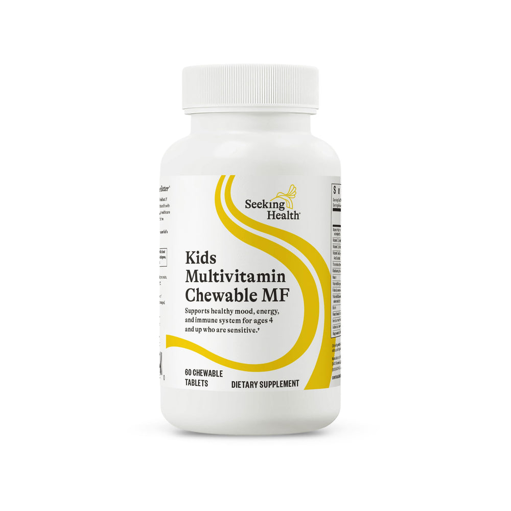 Seeking Health frontal del envase mostrando multivitamínico masticable y beneficios