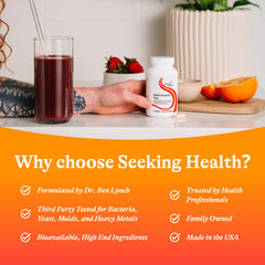 Seeking Health frasco en encuadre de cocina mostrando integración en rutina diaria saludable