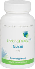 Seeking Health frasco frontal de Niacin 50 mg, envase claro y beneficios de energía