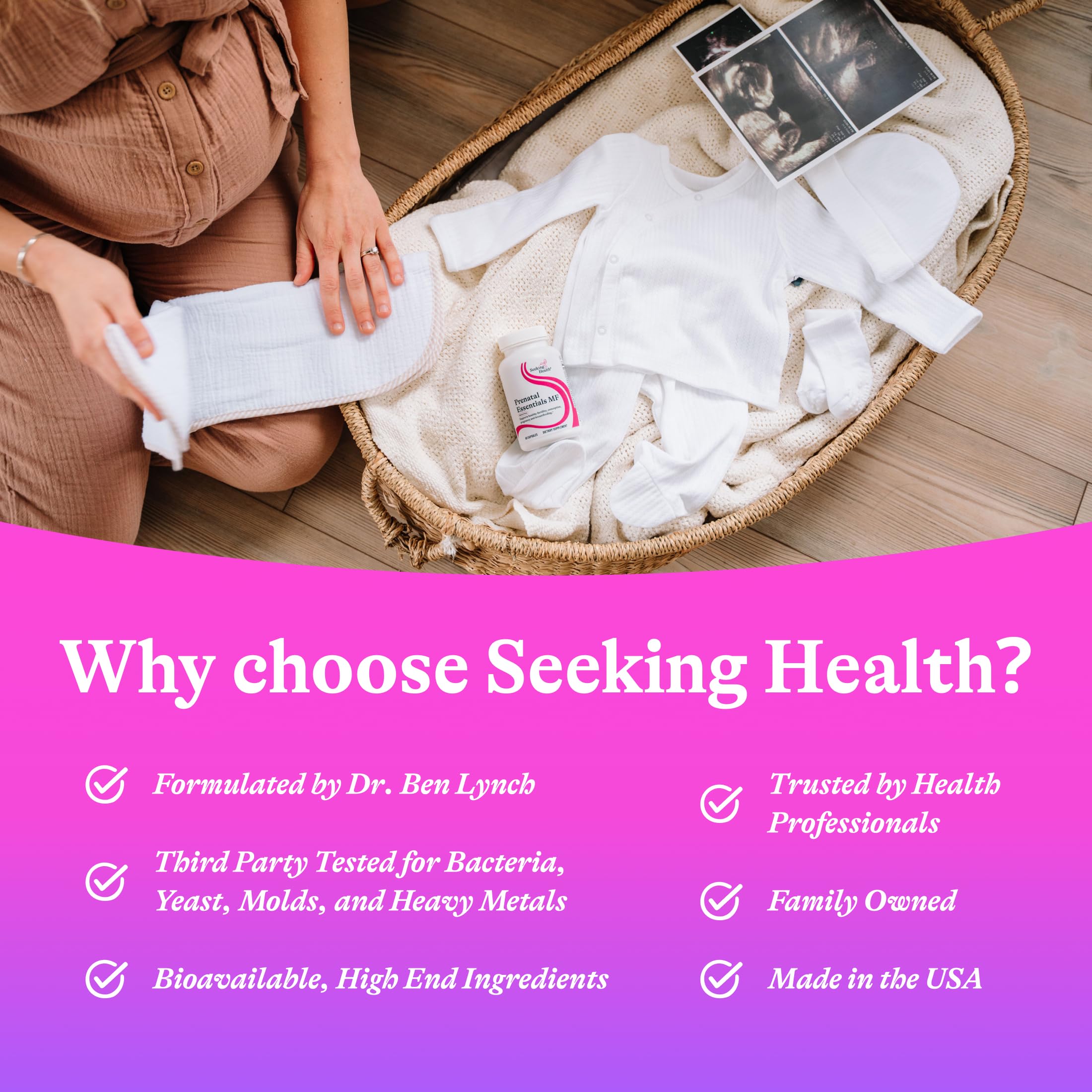 Seeking Health suplemento en ambiente de maternidad, sugiriendo uso prenatal